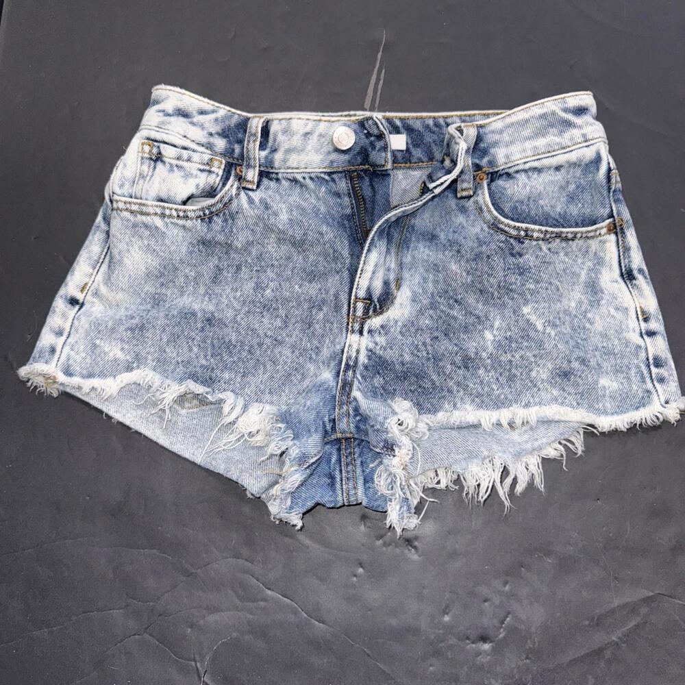 Pacsun Hi Rise Festival Denim Beach Boho Fringe Shorts Acid Wash Jean Raw Hem 24